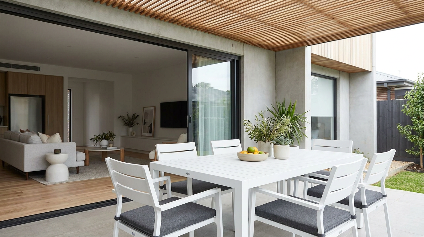 White powder-coated aluminium outdoor dining set on a covered alfresco patio