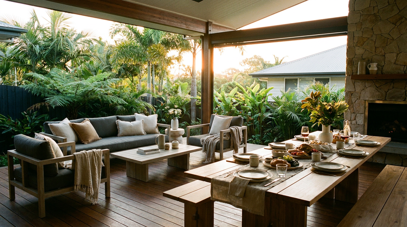 Aspirational complete alfresco setting with a full outdoor lounge and dining set styled for entertaining