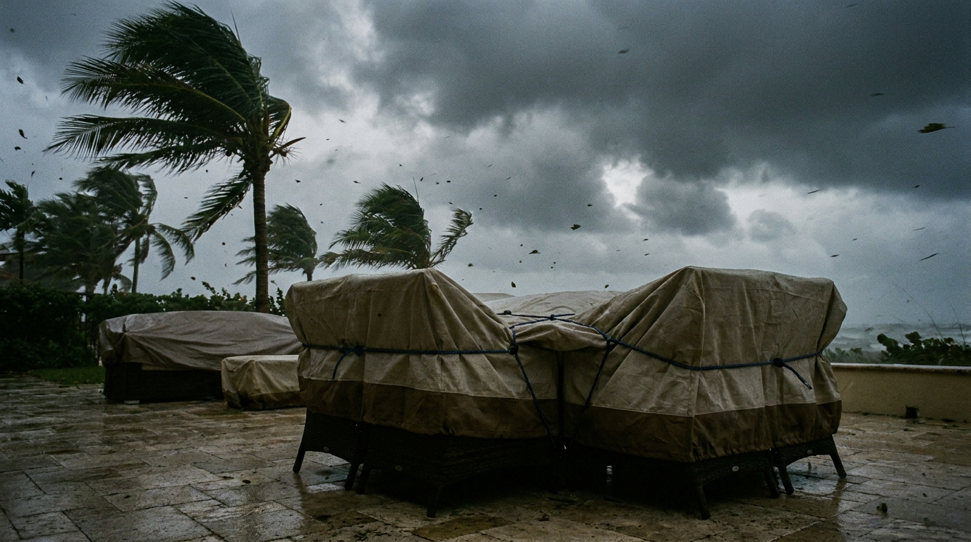 Outdoor furniture secured under protective covers as a storm approaches a Queensland patio