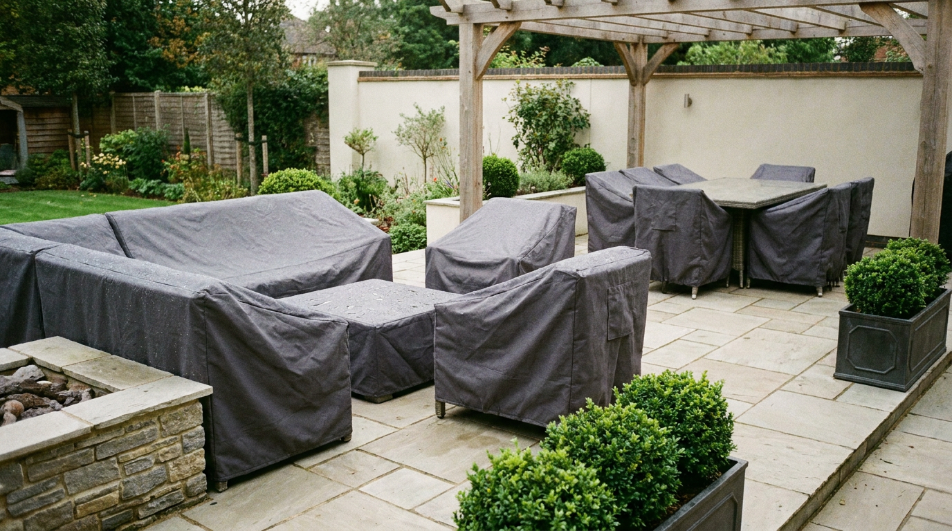 Outdoor lounge and dining set fitted with grey waterproof protective furniture covers