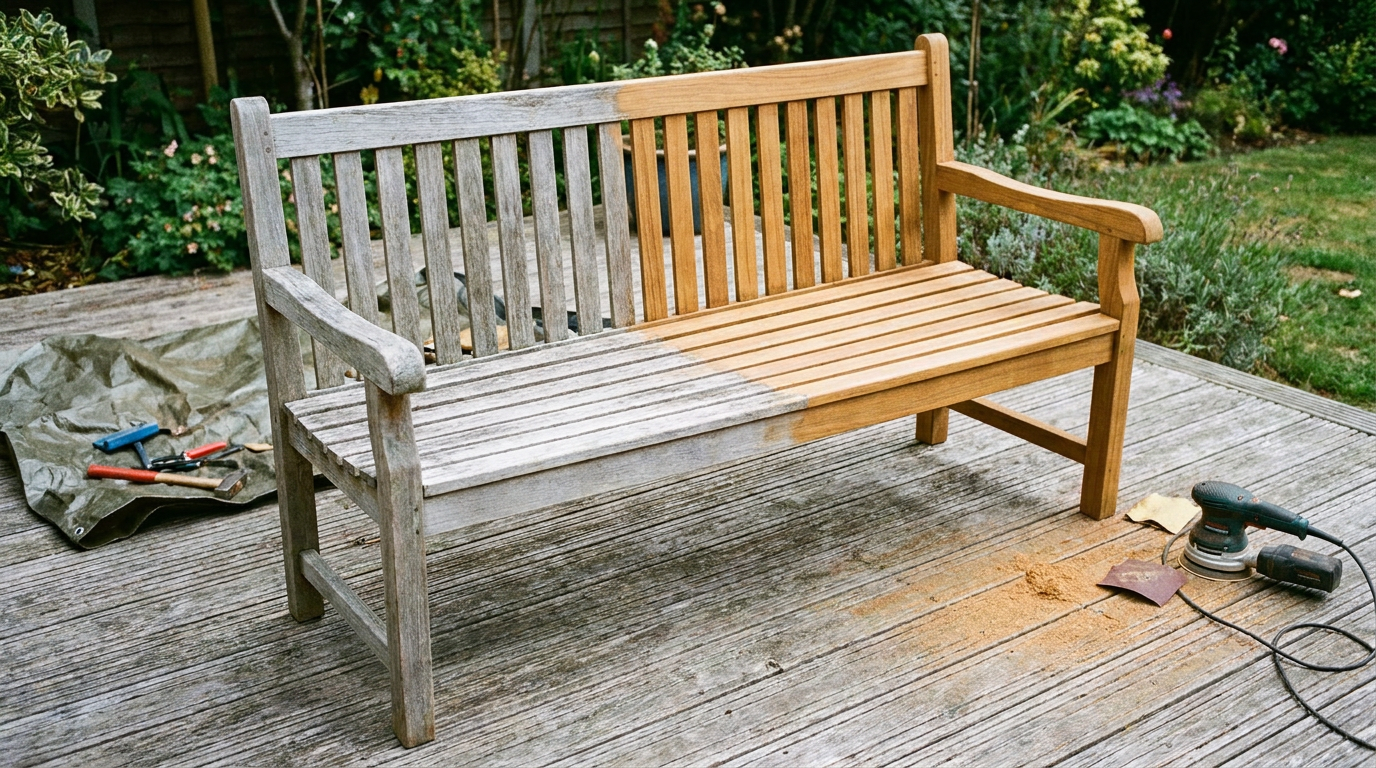 Outdoor teak bench mid-restoration, weathered grey on one side and restored golden on the other