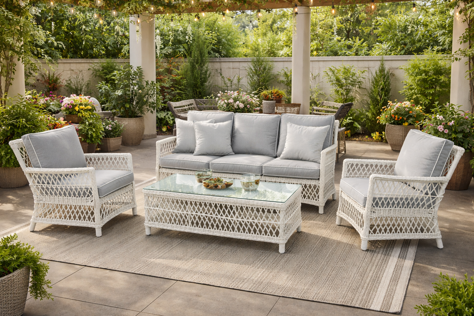 White wicker outdoor lounge set on a patio with greenery and string lights.