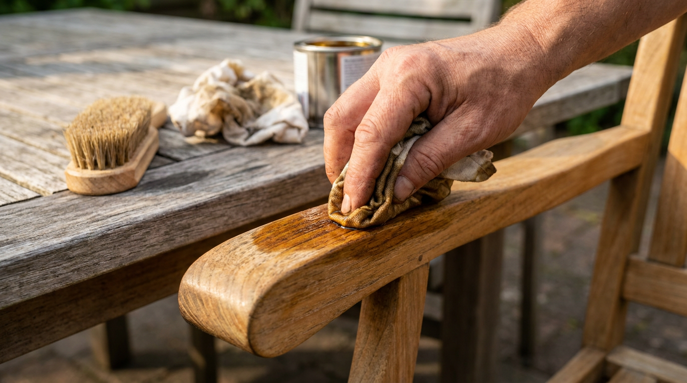 Applying teak oil to the golden timber armrest of an outdoor chair with a cloth