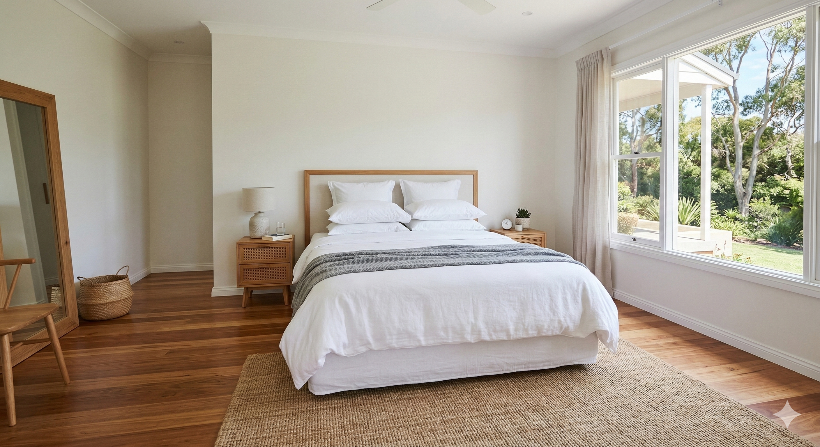 A neatly made king size bed with white linen in a bright Australian bedroom showing ample floor space around the bed