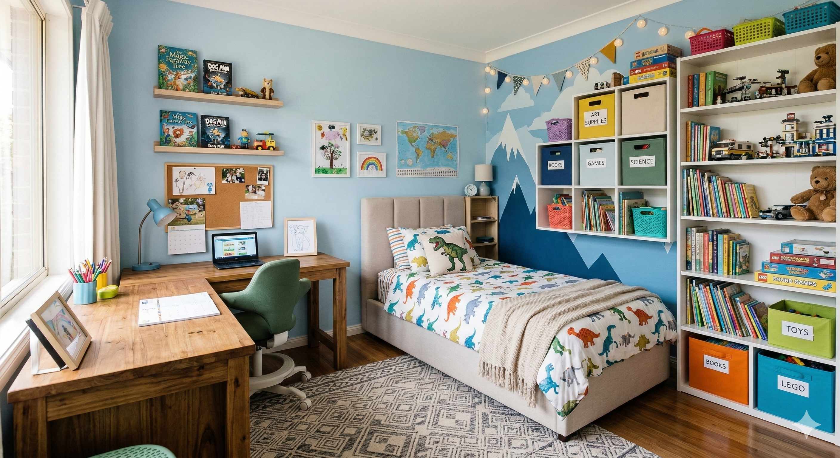 Children's bedroom with king single bed, study desk, bookshelf and organised storage suitable for primary school age child