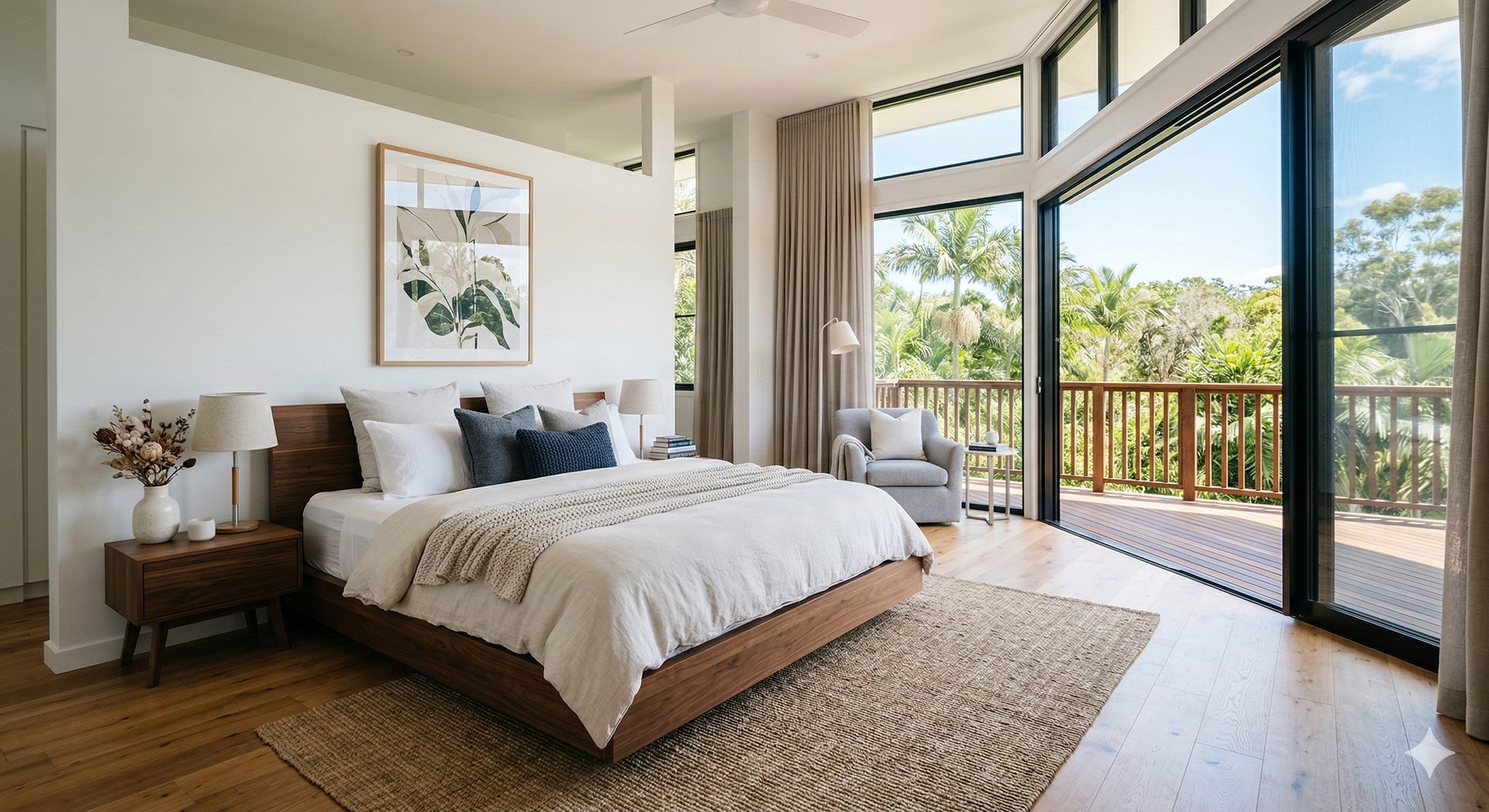 Modern bedroom with large windows, wooden bed, and outdoor view.