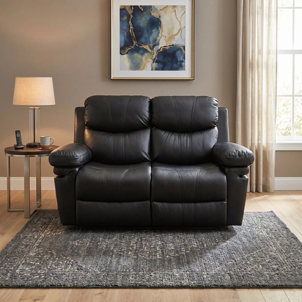 Sutton 2 Seater Air Leather Recliner Lounge in black, both seats reclined