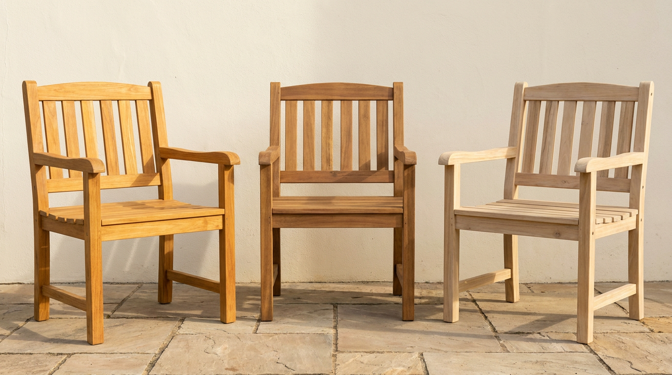 Teak, acacia and eucalyptus outdoor timber chairs compared side by side