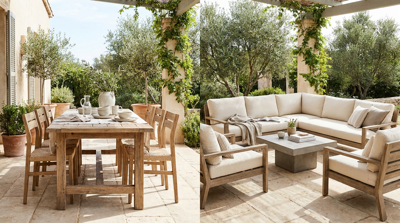 A timber outdoor dining set and a cushioned lounge setting shown side by side for comparison
