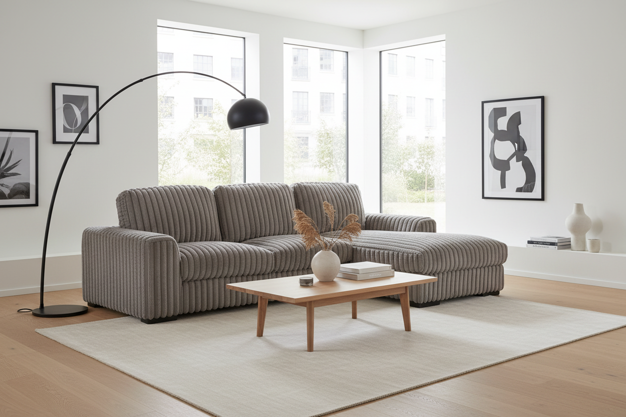Modern living room with a gray sofa, wooden coffee table, and decorative elements.