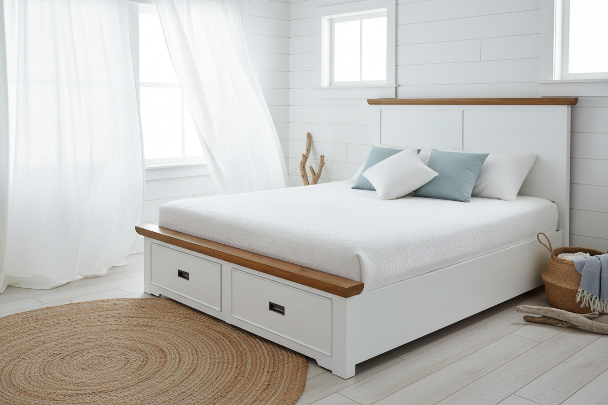 White wooden queen bed with storage drawers in a bright, coastal-style bedroom