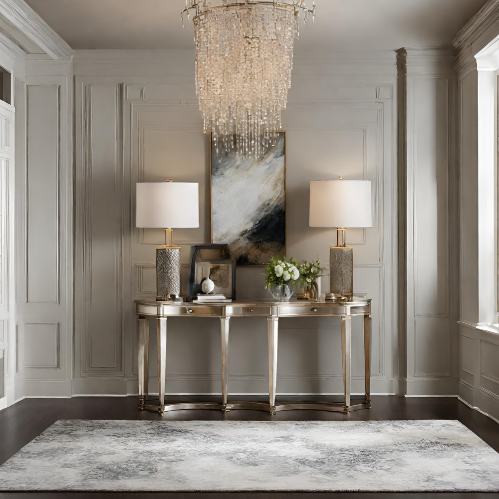 Elegant foyer with silver console table, modern lamps, abstract art, and crystal chandelier