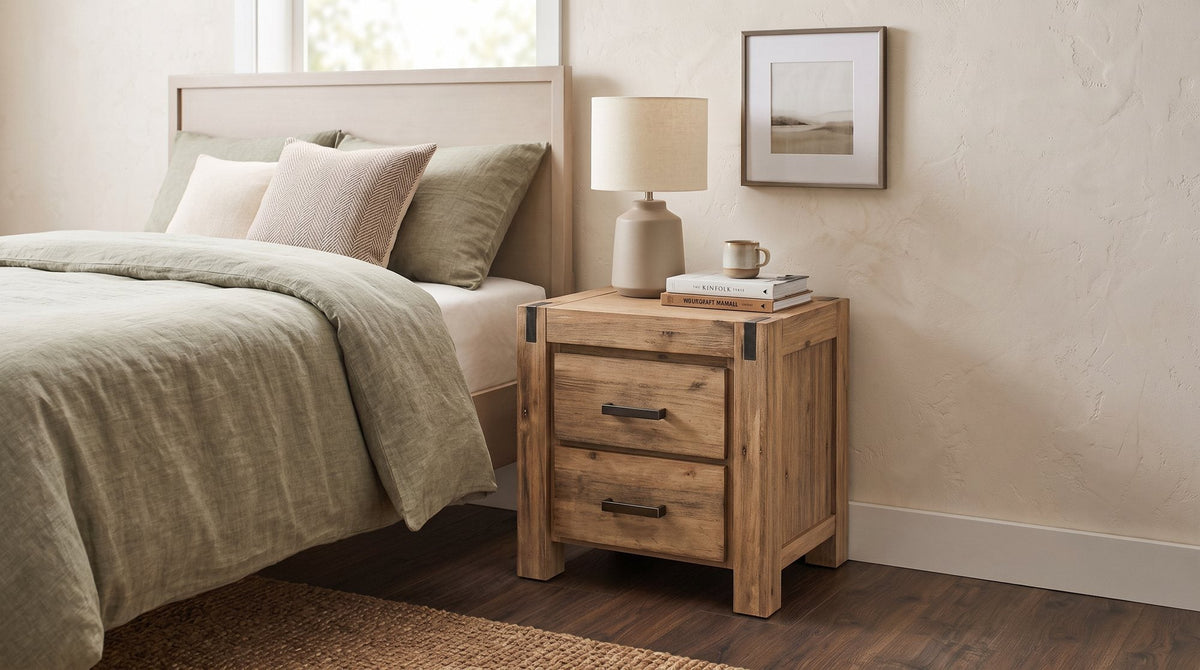 Jayden bedside table in timber with two drawers beside a bed with a lamp on top