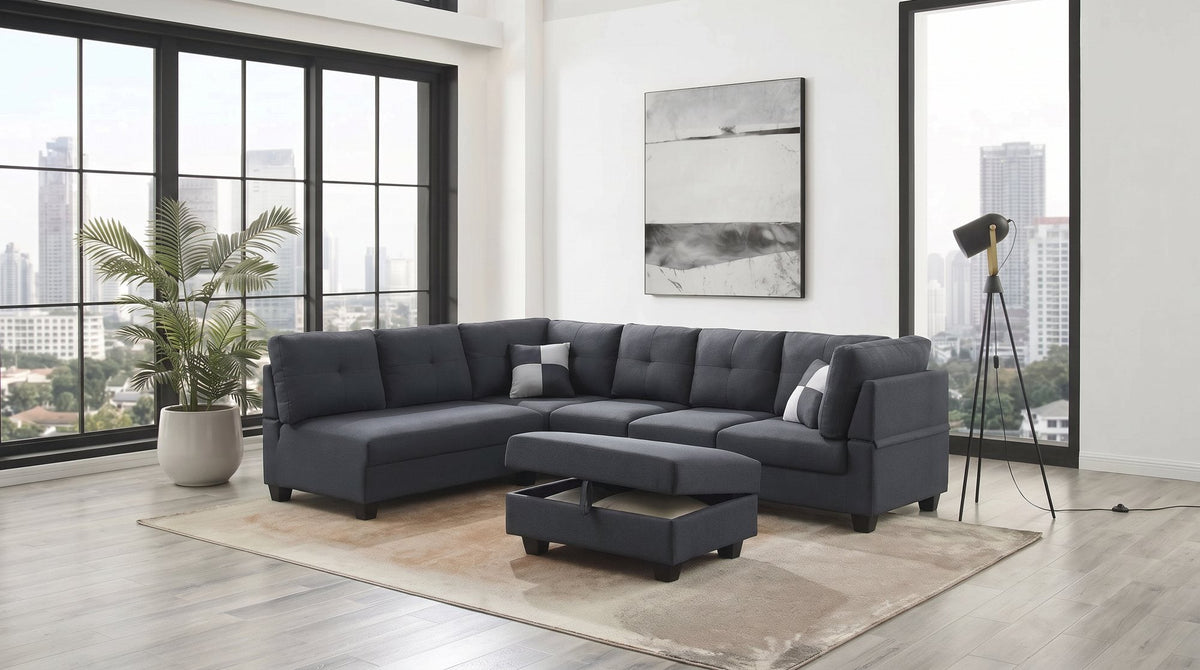 Spencer II corner sofa with chaise and storage ottoman in dark grey fabric in an open living room