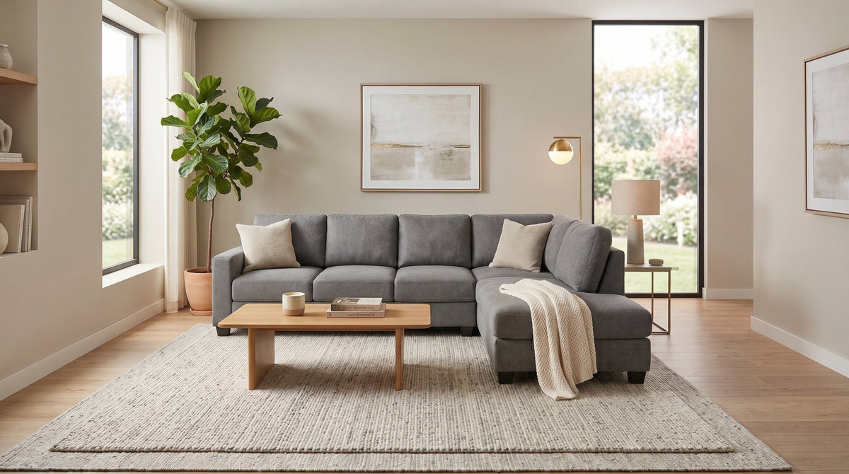 Signature corner sofa with chaise in grey fabric with a timber coffee table in a living room