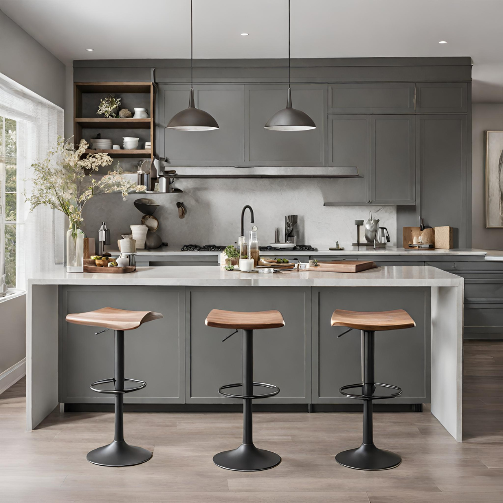 Modern kitchen with three height adjustable barstools, wooden seats and black bases