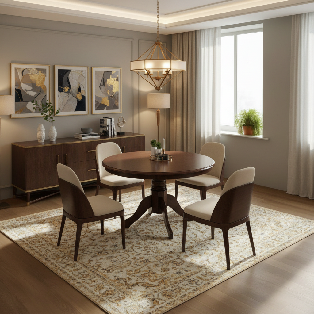Round wooden dining table with four upholstered chairs in a modern dining room setting