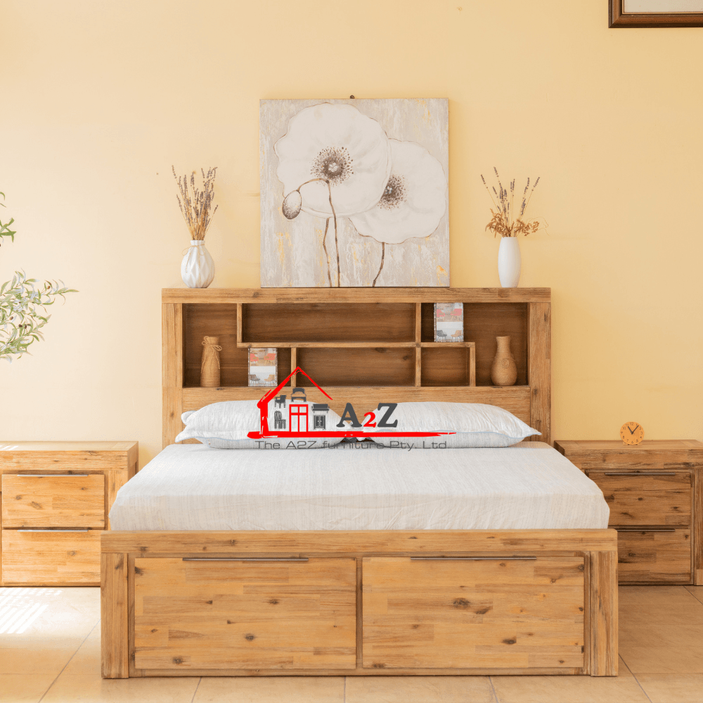 Wooden queen bed with storage, white bedding, and matching bedside tables in a modern bedroom