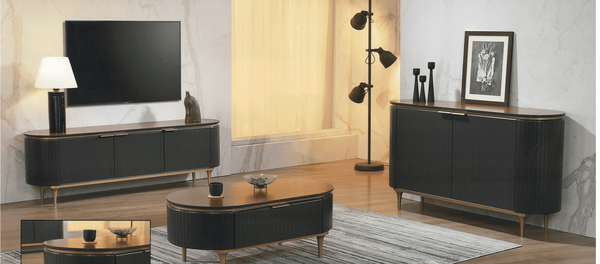 Doha glam TV unit and coffee table styled in a modern living room