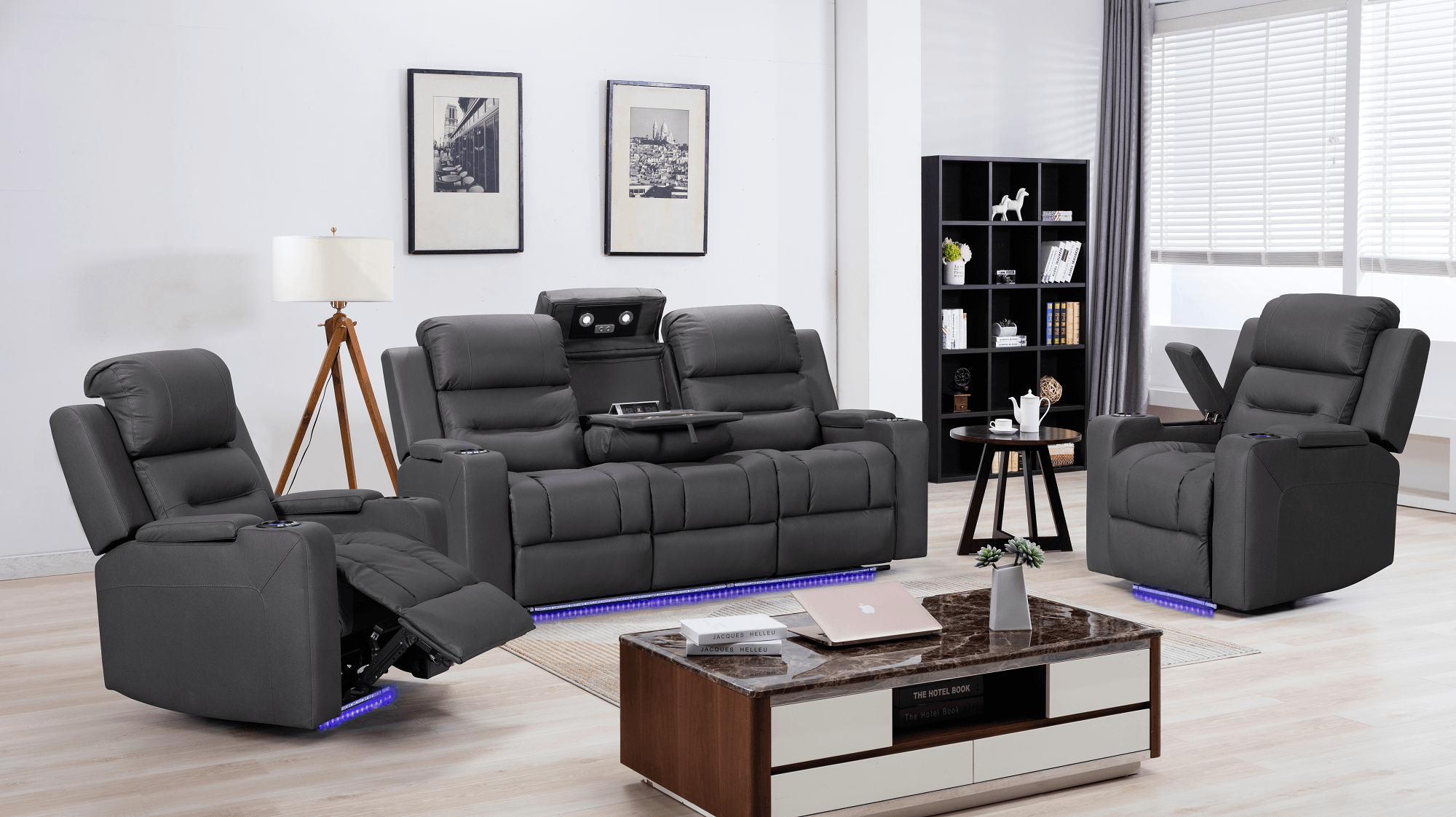 A comfortable living room scene featuring a stylish electric recliner couch.