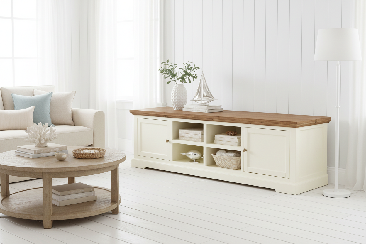 Coastal style TV unit with wood top, cream finish, shelves and cabinets in bright living room