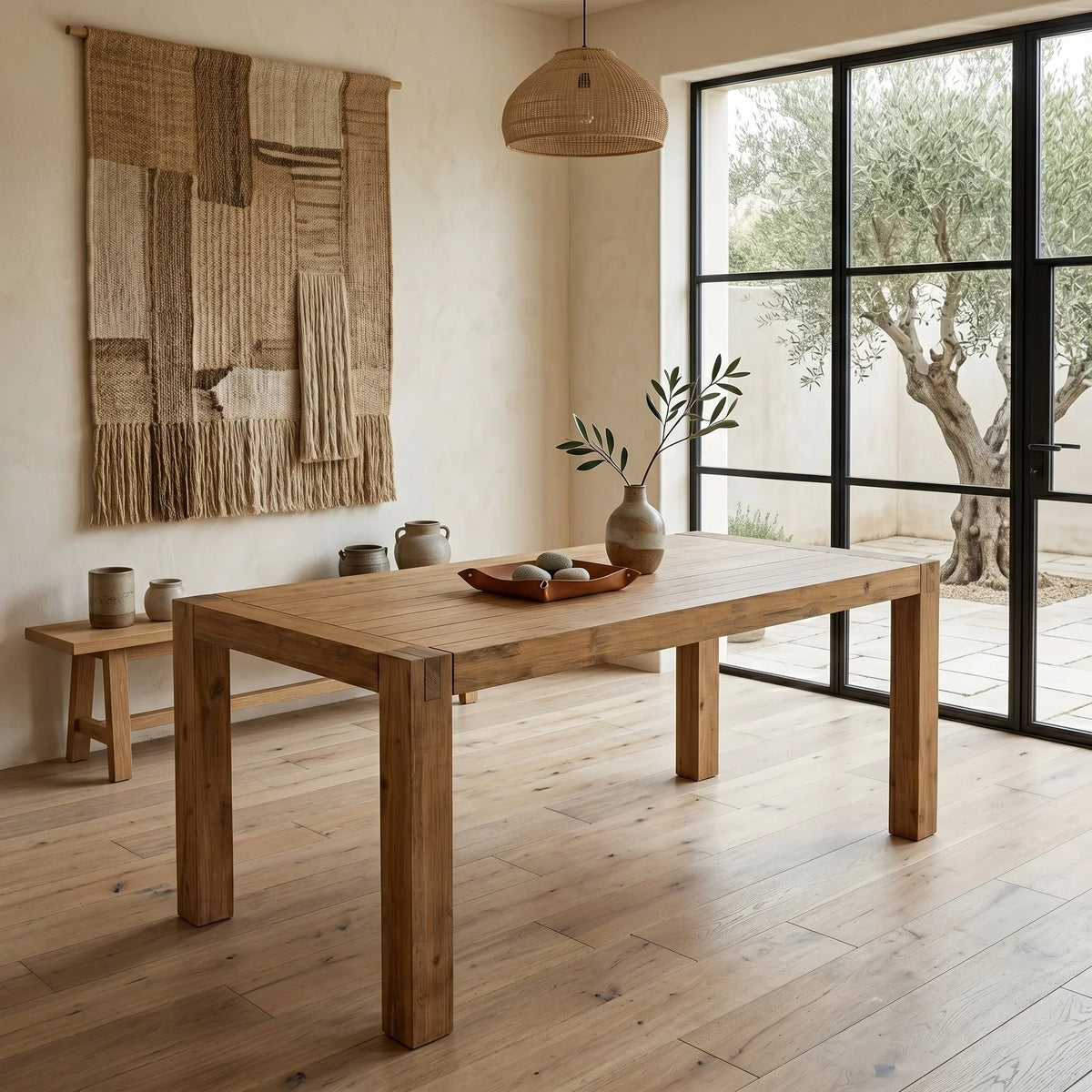Jayden Dining Table with a warm timber top styled in a modern farmhouse dining room