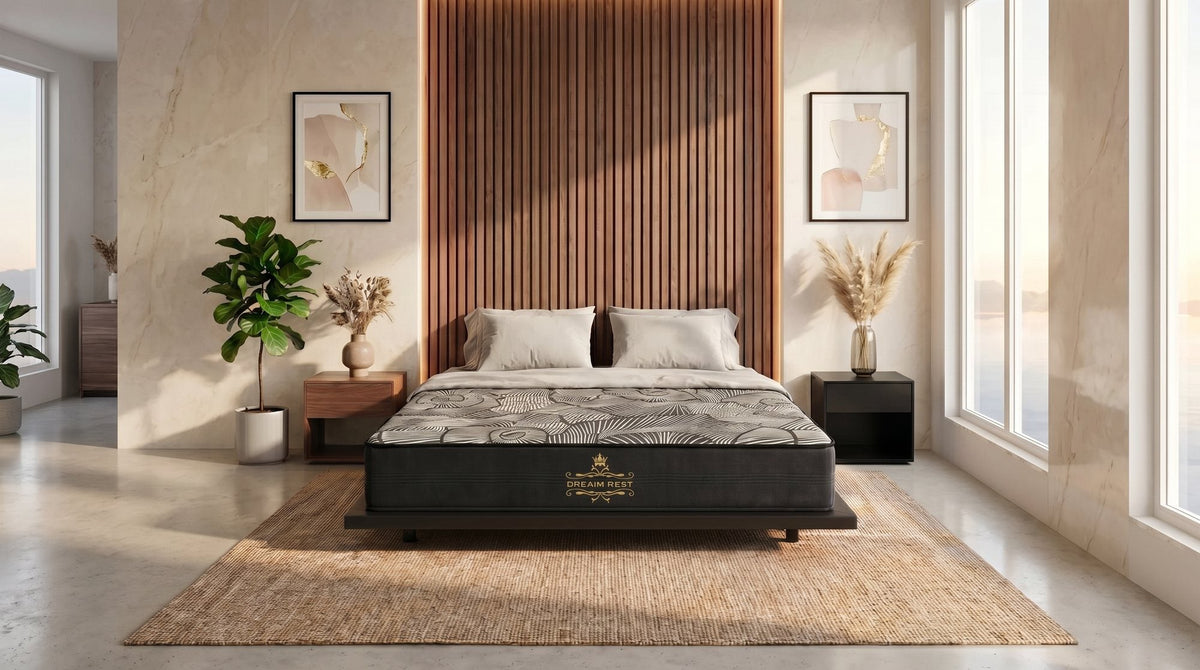 Cool Night Gel Memory Foam Mattress on a low black bed base in a bedroom with a timber feature wall