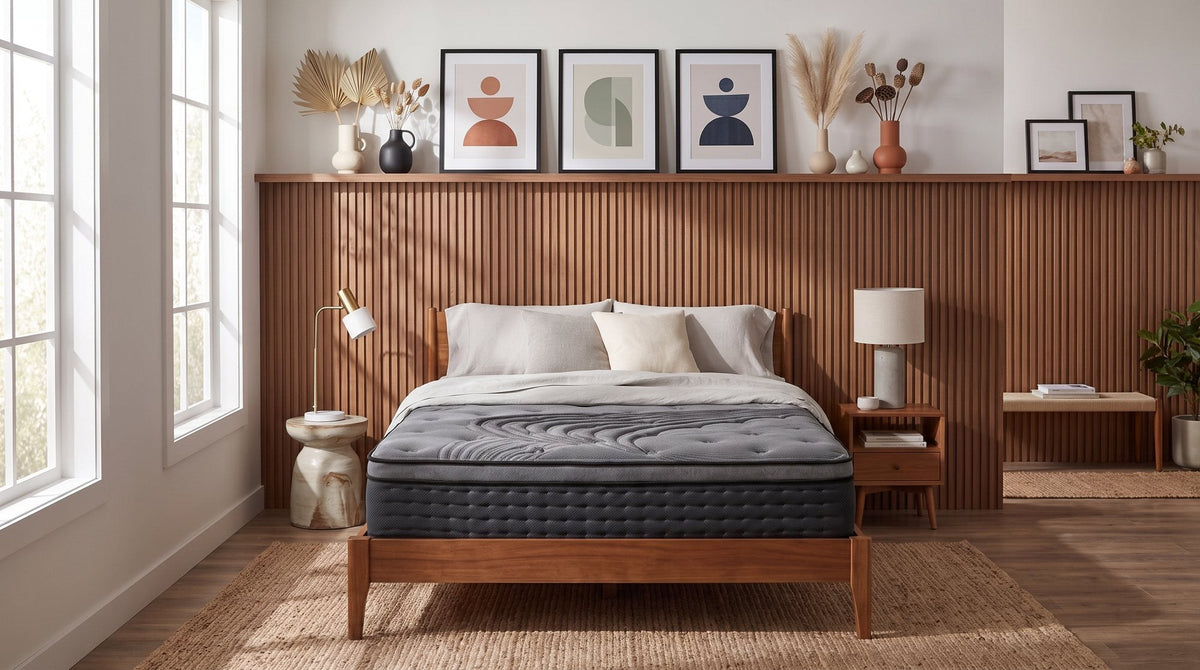 Posture Delight Pocket Spring Mattress on a timber bed frame in a bedroom with a slatted timber wall
