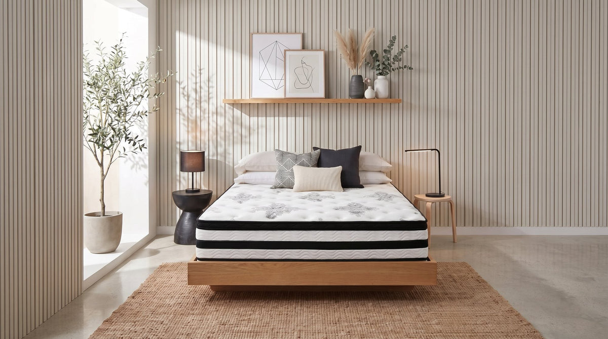 Supreme Care 5 Zone Memory Foam Mattress, delivered in a box, set up on a low timber bed base