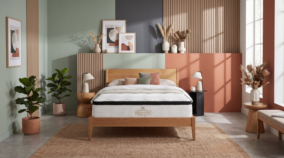 Spine Care 5 Zone Pocket Spring Mattress on a timber bed in a bright bedroom with sage and terracotta walls