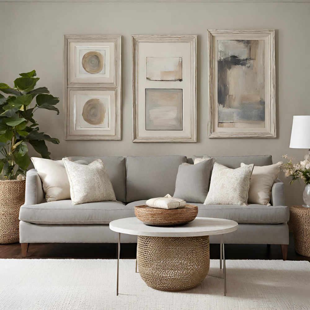 Modern living room with grey sofa, neutral cushions, round coffee table, and abstract wall art