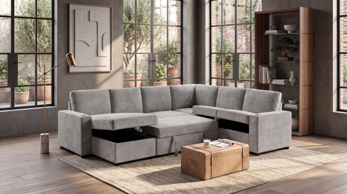 Springbrook Corner Sofa Bed with Storage in grey, with the pull-out bed out and both storage compartments open