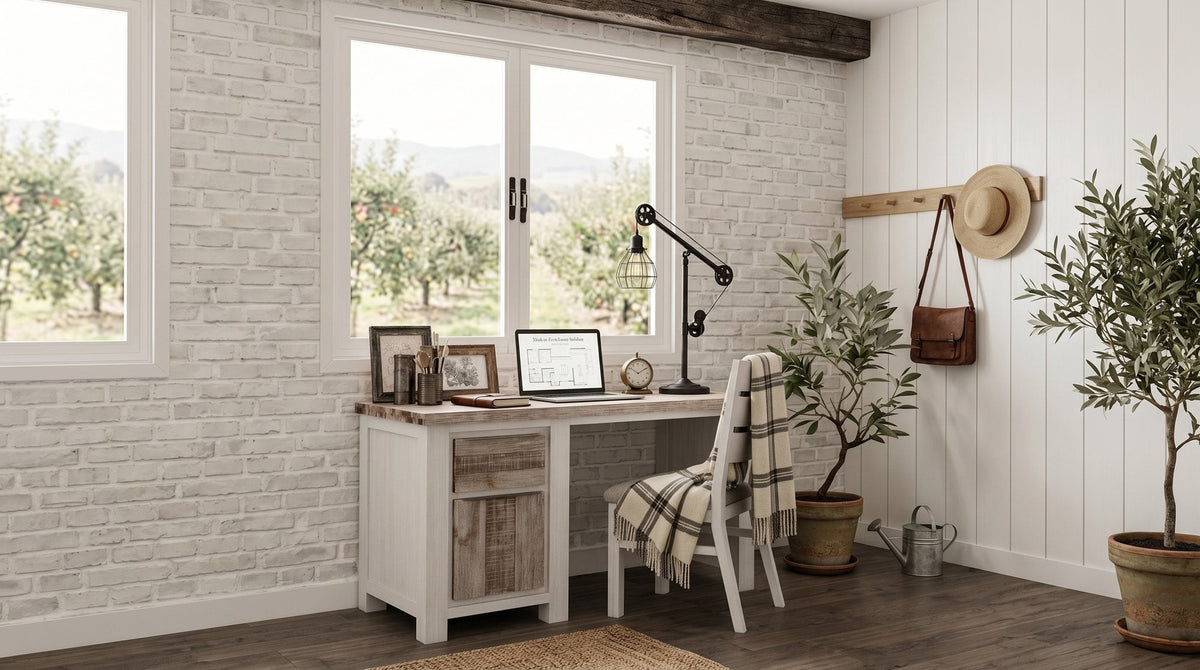 Homestead study desk, a straight single-pedestal desk, against the wall of a farmhouse-style study