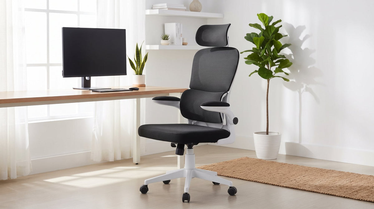 Cloud ergonomic mesh office chair with a headrest and white base at a timber-top desk