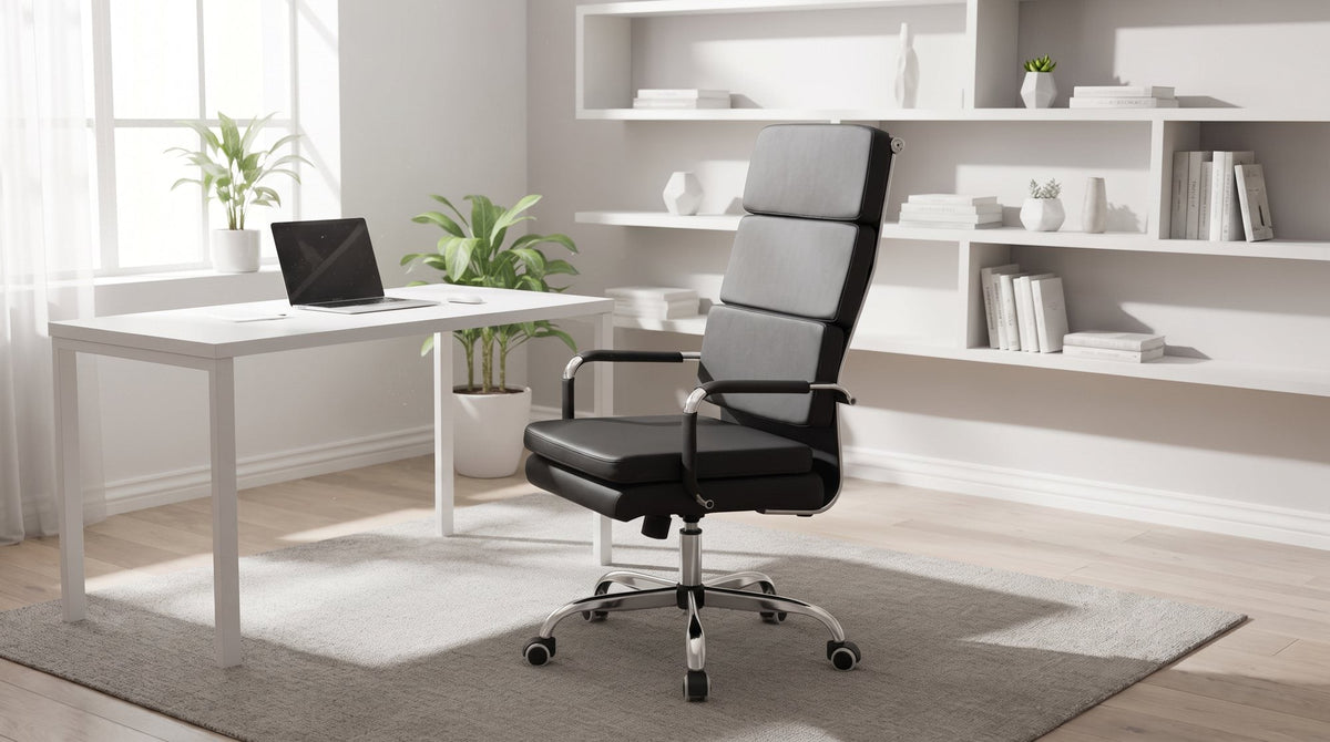 Camp PU leather office chair with a chrome frame beside a white desk in a bright home office