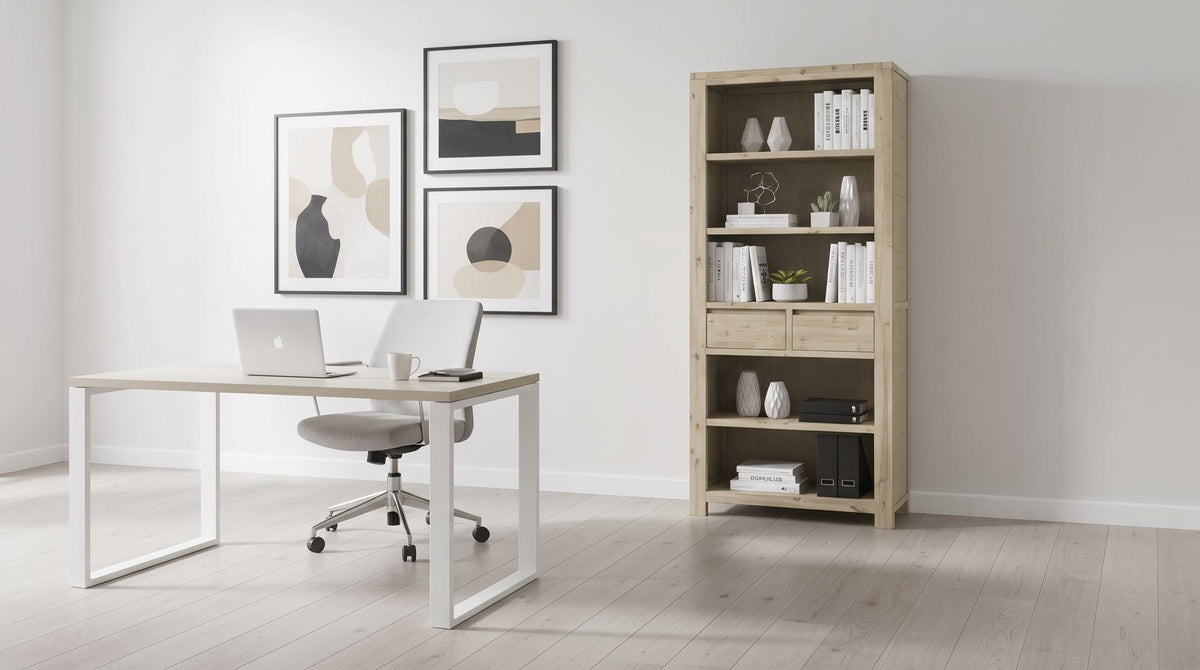 Spare-room home office with a desk, office chair and the Nelson bookshelf with shelves and drawers