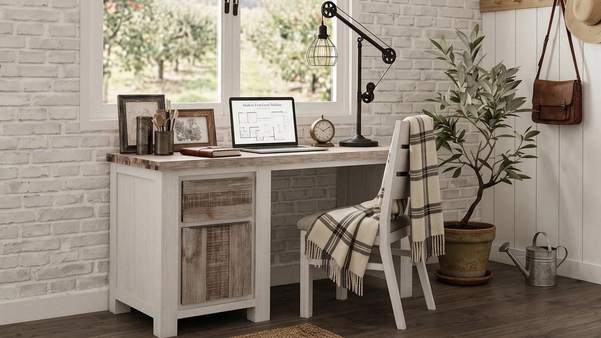 Homestead study desk with a washed acacia timber top and a white painted frame