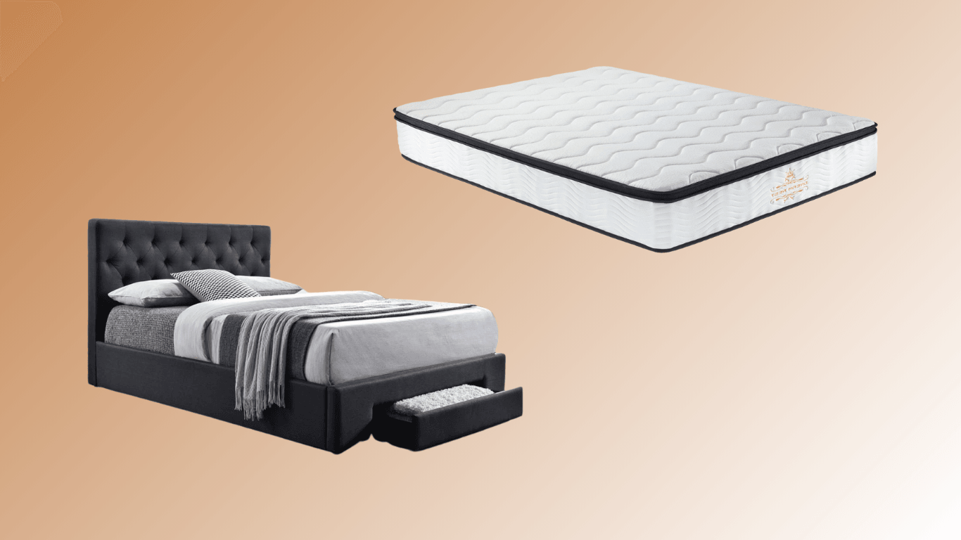 A modern bedroom featuring a comfortable bed frame and mattress bundle. The bed frame is flat-packed and easy to assemble, while the mattress offers supportive comfort. 