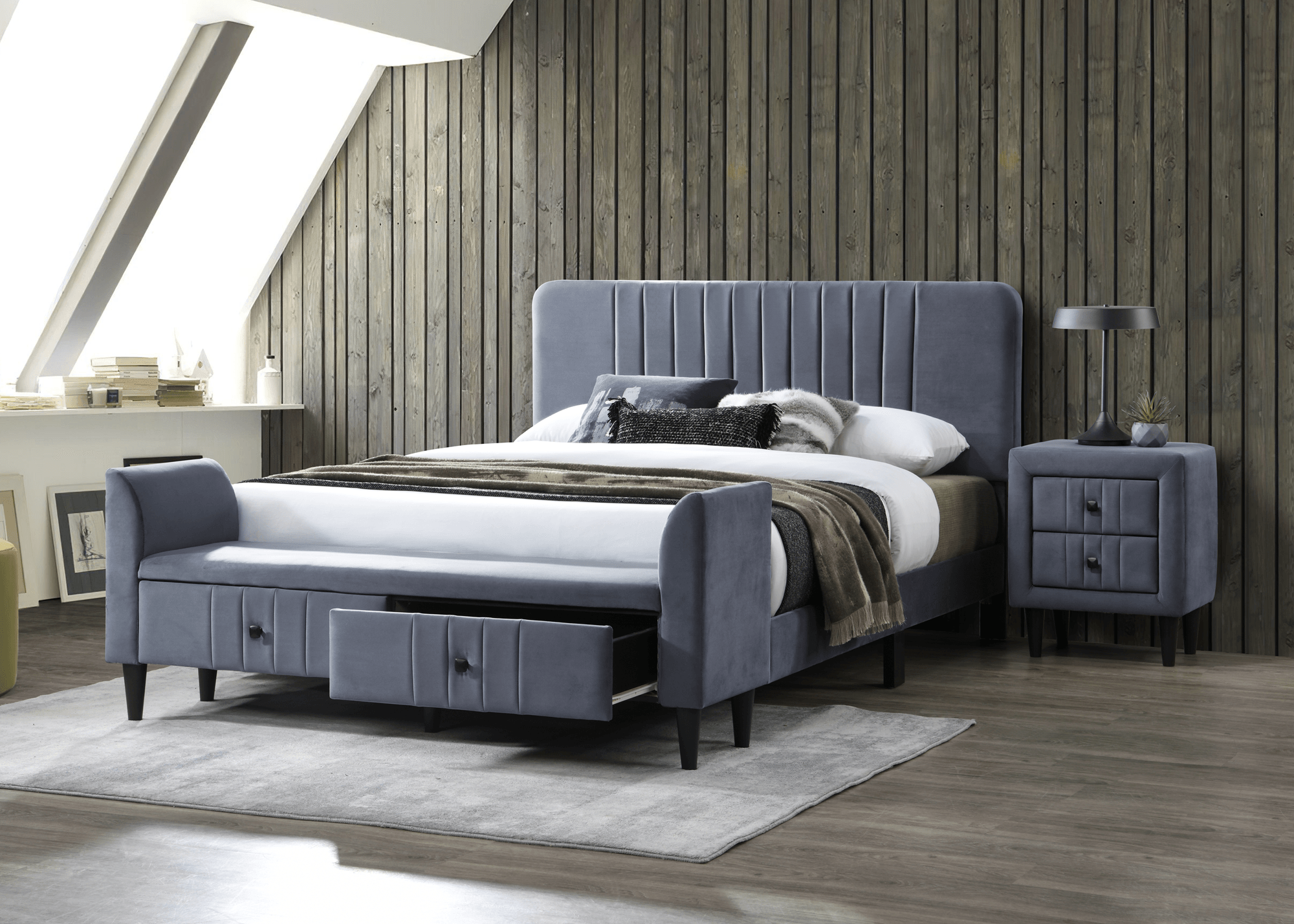 Luxurious velvet bed frame in [color] with elegant design, available in Double, Queen, and King sizes from The A2Z Furniture.