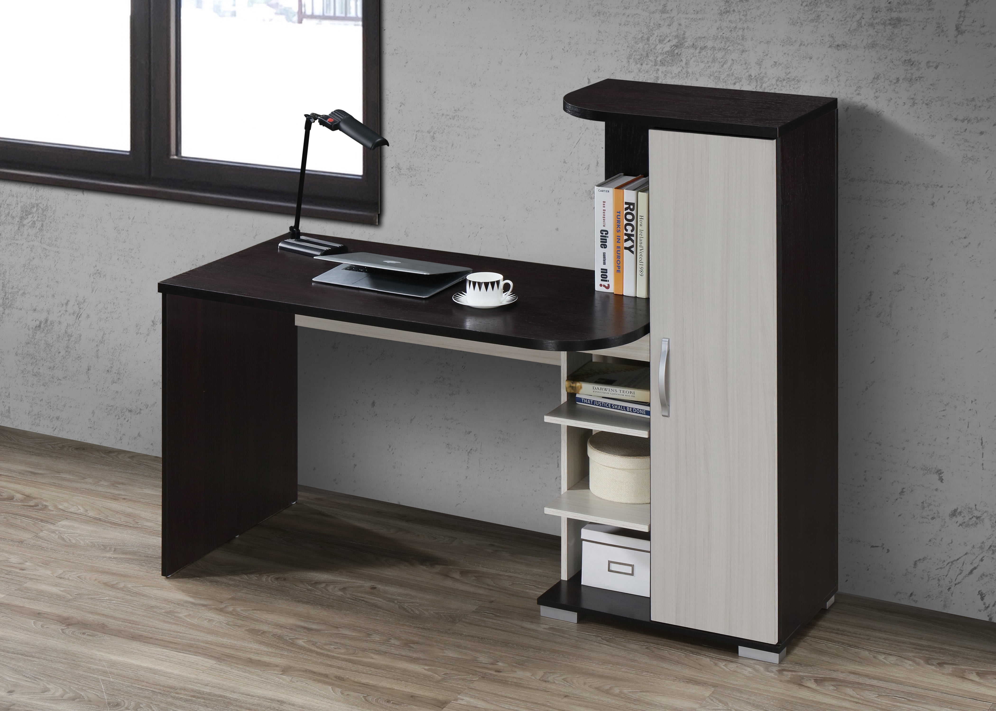 A modern computer desk with a sleek design, perfect for a home office or study space.