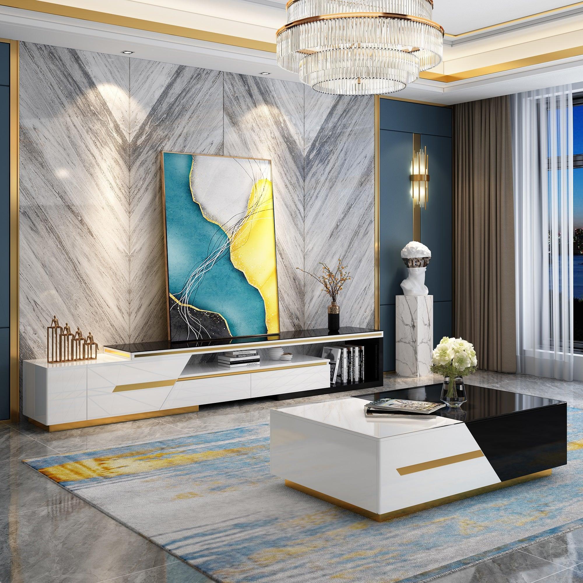 Daisy black and white coffee table with gold accents, a tempered glass top and two storage drawers