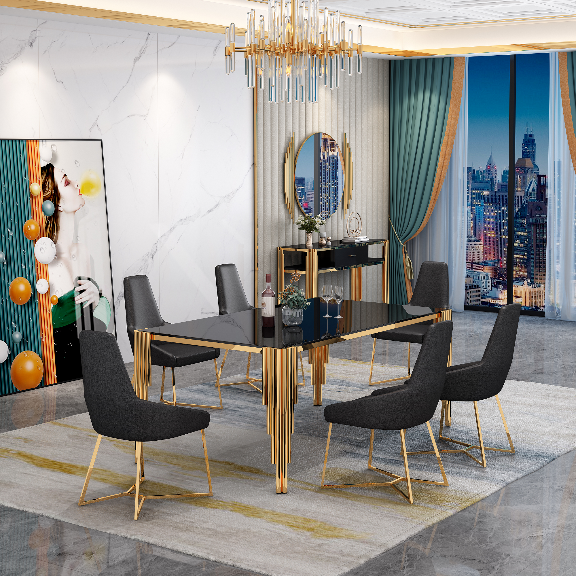 Large, modern dining table with 8 upholstered chairs. Perfect for Brisbane homes.