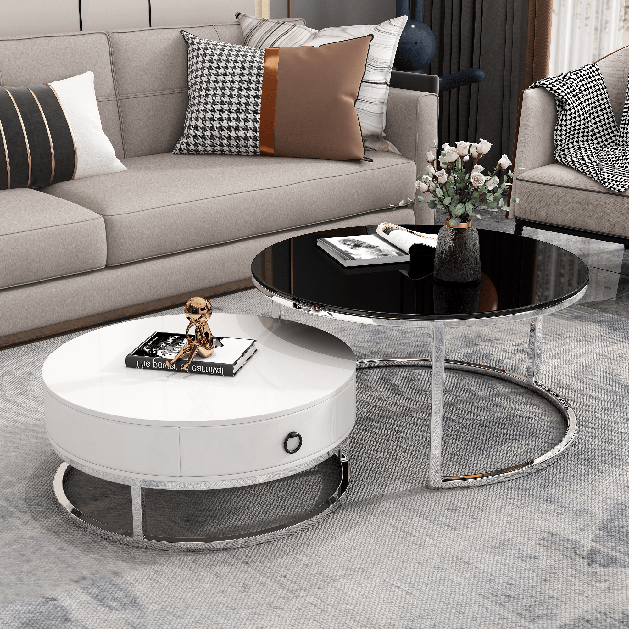  Round nesting coffee table set with glass tops in a modern living room.