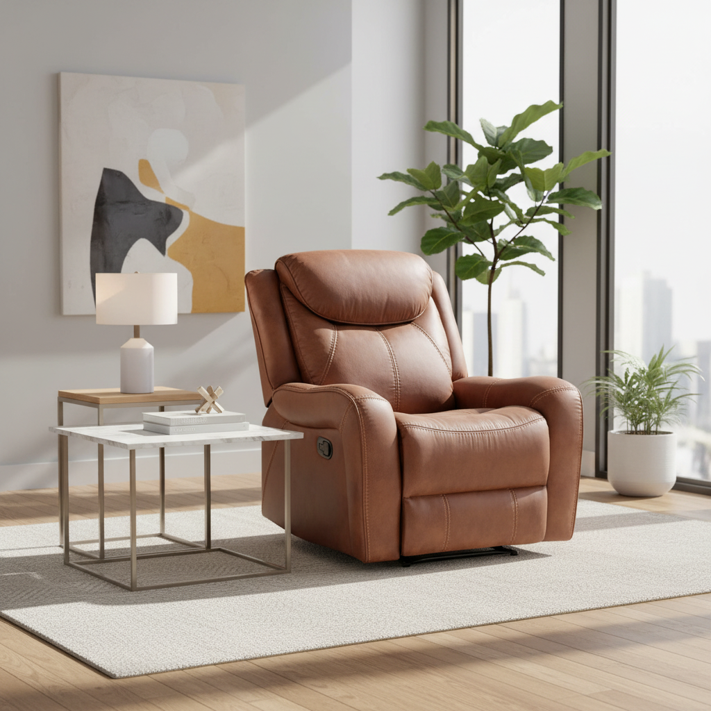 Brown leather recliner chair in modern living room with side table, lamp, and indoor plants