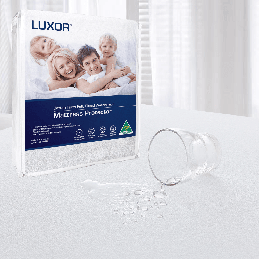 Queen size mattress protector with white, soft top material on a bed frame. 