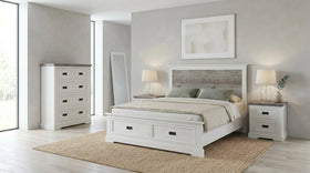 Tasman two-tone bedroom suite with a white storage bed and grey timber headboard, two bedside tables and a tallboy in a bright bedroom - The A2Z Furniture