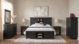 Warwick 5 Piece Bedroom Suite in black timber with louvre bookcase bed, two bedside tables, tallboy and mirrored dresser, styled in a neutral bedroom - The A2Z Furniture