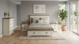 Jericho 4 Piece Tallboy Bedroom Suite in cream with timber tops, featuring a storage bed, two bedside tables and tallboy - The A2Z Furniture