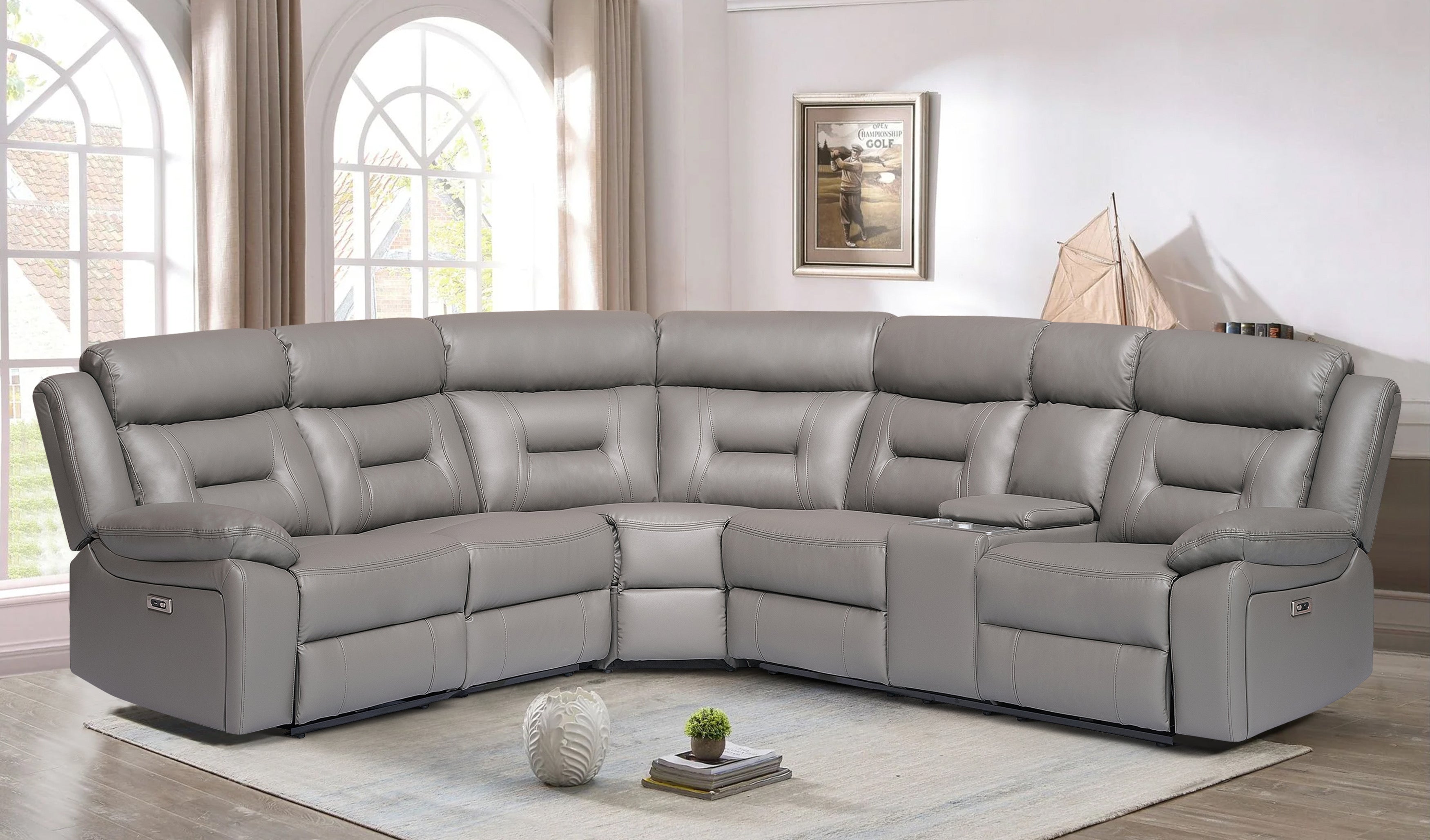 Shop the Sovereign Air Leather Electric Corner Recliner – 5-seater, grey leather sofa with electric recliners, cup holders, and easy assembly at The A2Z Furniture.