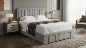 Fernvale 3 piece bedroom suite with a light grey fabric upholstered bed featuring a channel-stitched headboard and two matching bedside tables, styled in a neutral room - The A2Z Furniture